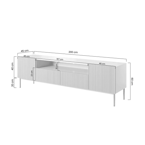 Szafka RTV Nicole 200 cm z wnęką i szufladami - biały mat / czarne nóżki