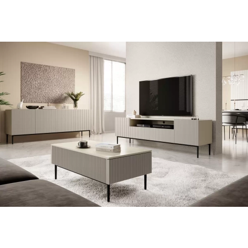 Szafka RTV Nicole 200 cm z wnęką i szufladami - kaszmir / czarne nóżki