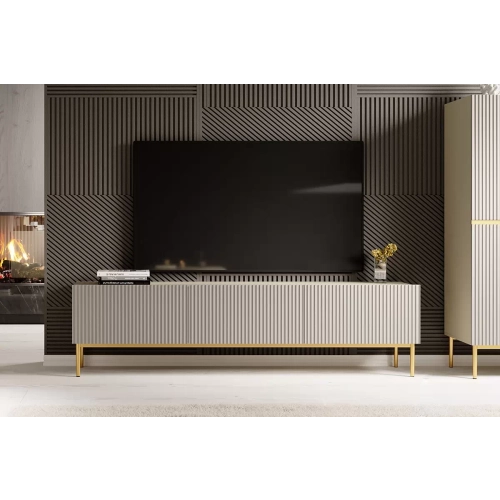 Szafka RTV Nicole 200 cm na metalowych nogach z szufladą - kaszmir / złote nóżki