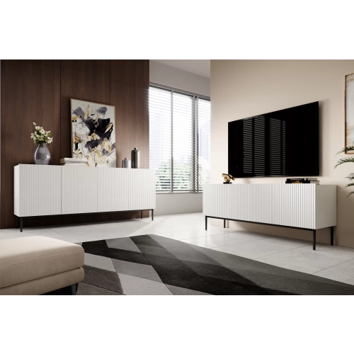 Szafka RTV Nicole 150 cm na metalowych nogach z szufladą - biały mat / czarne nóżki