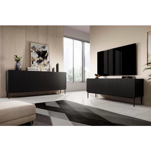 Szafka RTV Nicole 150 cm na metalowych nogach z szufladą - czarny mat / czarne nóżki
