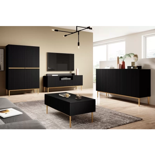 Szafka RTV Nicole 150 cm z szufladą i wnęką - czarny mat / złote nóżki
