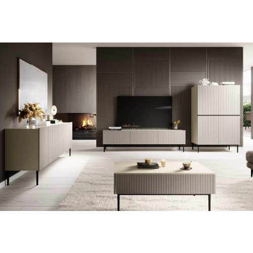 Szafka RTV Nicole 200 cm na metalowych nogach z szufladą - kaszmir / czarne nóżki