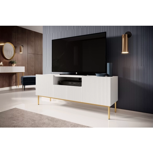 Szafka RTV Nicole 150 cm z szufladą i wnęką - biały mat / złote nóżki