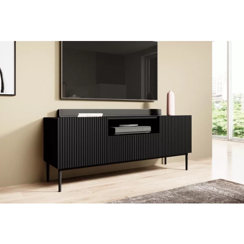 Szafka RTV Nicole 150 cm z szufladą i wnęką - czarny mat / czarne nóżki