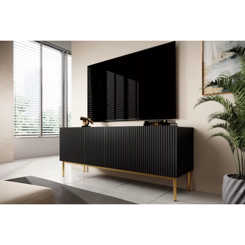 Szafka RTV Nicole 150 cm na metalowych nogach z szufladą - czarny mat / złote nóżki