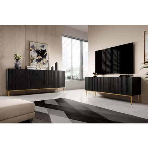 Szafka RTV Nicole 150 cm na metalowych nogach z szufladą - czarny mat / złote nóżki