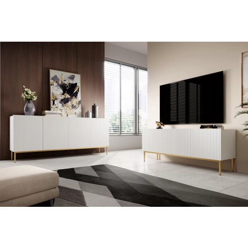 Szafka RTV Nicole 150 cm na metalowych nogach z szufladą - biały mat / złote nóżki