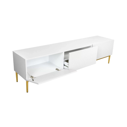 Szafka RTV z szufladą Nicole 200 cm - biały mat / złote nóżki