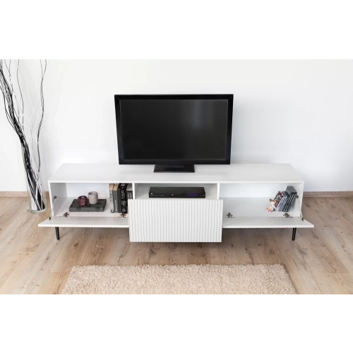 Szafka RTV z szufladą Nicole 200 cm - biały mat / czarne nóżki