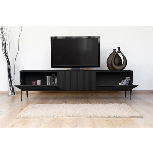 Szafka RTV Nicole 200 cm na metalowych nogach z szufladą - czarny mat / czarne nóżki