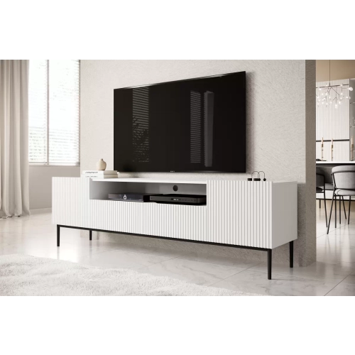 Szafka RTV Nicole 200 cm z wnęką i szufladami - biały mat / czarne nóżki