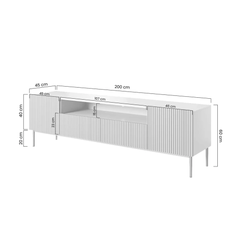 Szafka RTV Nicole 200 cm z wnęką i szufladami - biały mat / złote nóżki