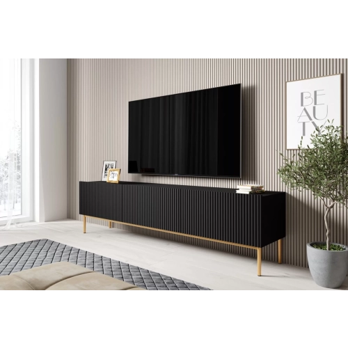 Szafka RTV Nicole 200 cm na metalowych nogach z szufladą - czarny mat / złote nóżki