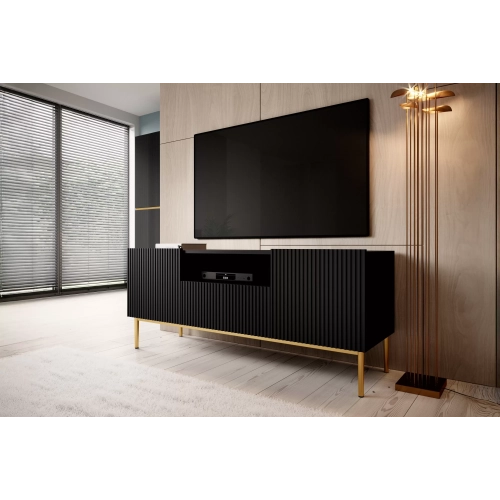 Szafka RTV Nicole 150 cm z szufladą i wnęką - czarny mat / złote nóżki