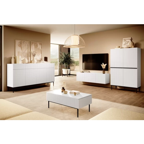 Szafka RTV Nicole 200 cm z wnęką i szufladami - biały mat / czarne nóżki