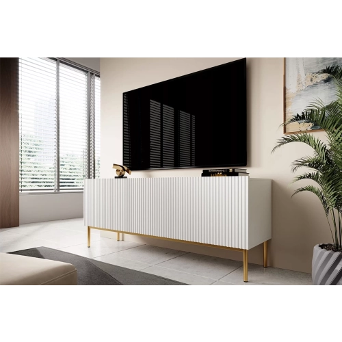 Szafka RTV Nicole 150 cm na metalowych nogach z szufladą - biały mat / złote nóżki