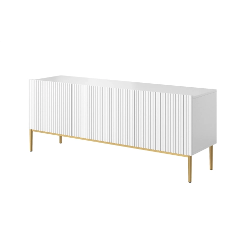 Szafka RTV Nicole 150 cm na metalowych nogach z szufladą - biały mat / złote nóżki