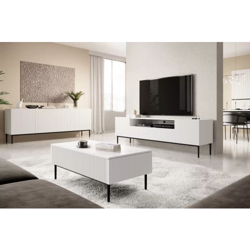 Szafka RTV Nicole 200 cm z wnęką i szufladami - biały mat / czarne nóżki