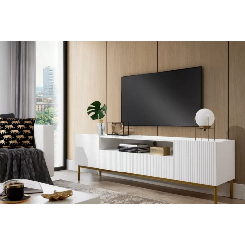 Szafka RTV Nicole 200 cm z wnęką i szufladami - biały mat / złote nóżki