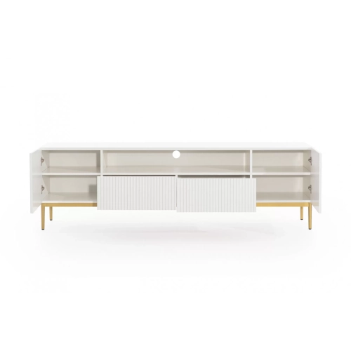 Szafka RTV Nicole 200 cm z wnęką i szufladami - biały mat / złote nóżki