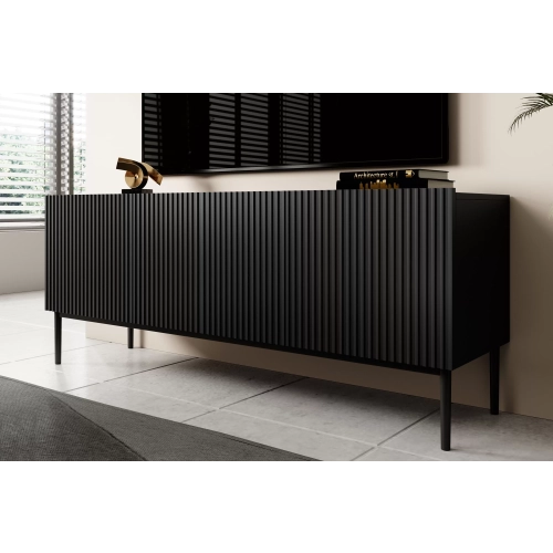 Szafka RTV Nicole 150 cm na metalowych nogach z szufladą - czarny mat / czarne nóżki