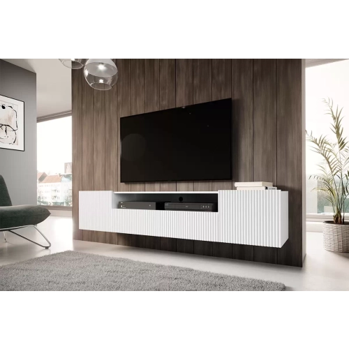 Szafka RTV wisząca Nicole 200 cm z wnęką i szufladami - biały / biały mat