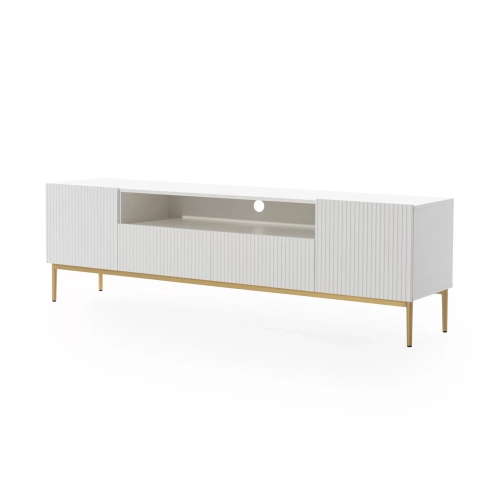 Szafka RTV Nicole 200 cm z wnęką i szufladami - biały mat / złote nóżki