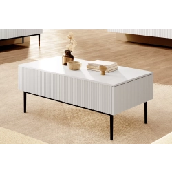 Stolik kawowy Nicole 120 cm z szufladami i metalowymi nogami - biały mat / czarne nóżki