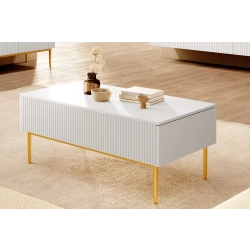 Stolik kawowy Nicole 120 cm z szufladami i metalowymi nogami - biały mat / złote nóżki