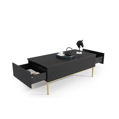 Stolik kawowy Nicole 120 cm z szufladami i metalowymi nogami - czarny mat / złote nóżki