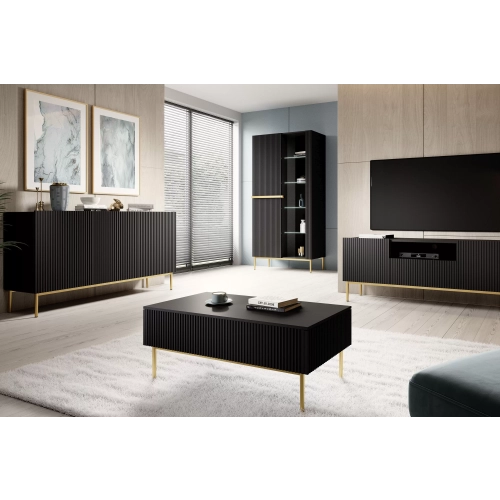 Stolik kawowy Nicole 120 cm z szufladami i metalowymi nogami - czarny mat / złote nóżki