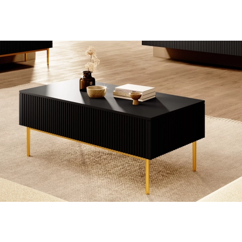 Stolik kawowy Nicole 120 cm z szufladami i metalowymi nogami - czarny mat / złote nóżki