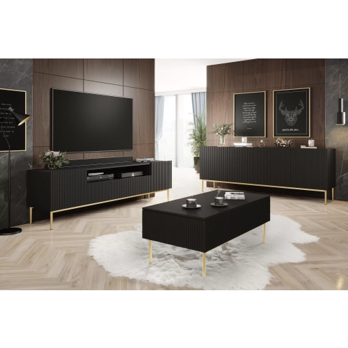 Stolik kawowy Nicole 120 cm z szufladami i metalowymi nogami - czarny mat / złote nóżki