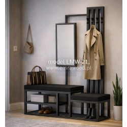 Ławka Do Przedpokoju Z Wieszakiem I Lustrem Metalowa Siedzisko Tapicerowane Czarny Stal LMW-21