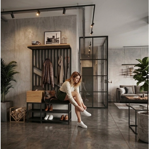 Ławka Do Przedpokoju Z Wieszakiem I Szufladą Metalowa Siedzisko Tapicerowane  Czarny Stal LMW-1