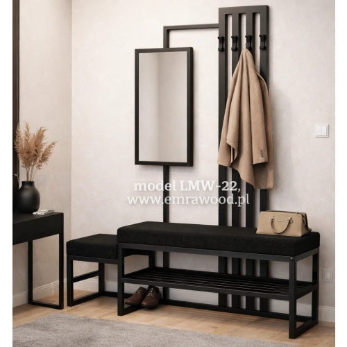 Ławka Do Przedpokoju Z Wieszakiem I Lustrem Metalowa Siedzisko Tapicerowane Czarny Stal LMW-22