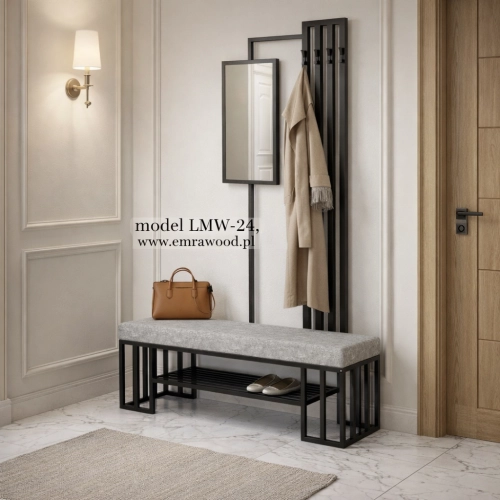 Ławka Do Przedpokoju Z Wieszakiem I Lustrem Metalowa Siedzisko Tapicerowane Stal LMW-24