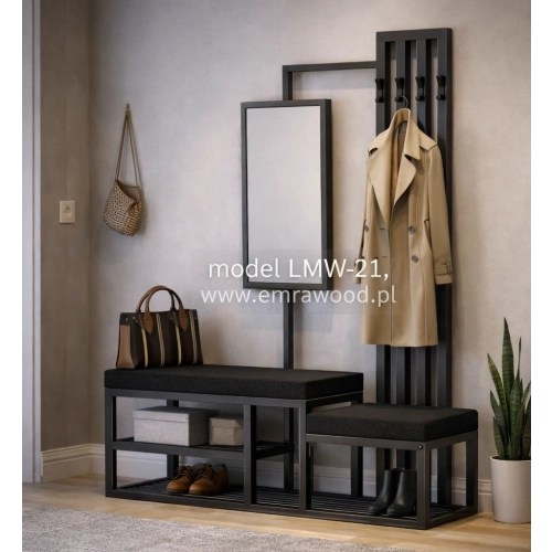Ławka Do Przedpokoju Z Wieszakiem I Lustrem Metalowa Siedzisko Tapicerowane Czarny Stal LMW-21