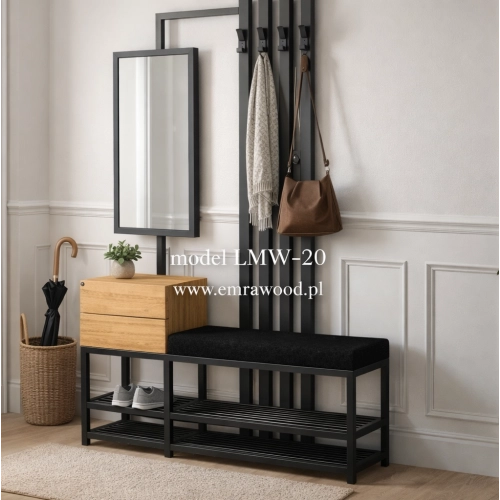 Ławka Do Przedpokoju Z Wieszakiem I Lustrem Metalowa Siedzisko Tapicerowane Czarny Stal LMW-20