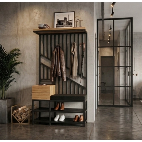 Ławka Do Przedpokoju Z Wieszakiem I Szufladą Metalowa Siedzisko Tapicerowane  Czarny Stal LMW-1