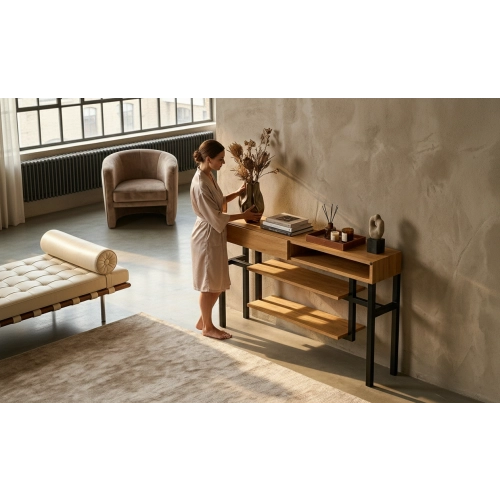 KONSOLA Z SZUFLADĄ DREWNO LITE DĄB OLCHA SKD-303