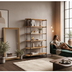 REGAŁ NA KSIĄŻKI 6 POZIOMOWY METALOWY DREWNO LITE DĄB JESION OLCHA  RNK-192