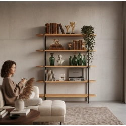 REGAŁ NA KSIĄŻKI 5 POZIOMOWY METALOWY DREWNO LITE DĄB JESION OLCHA  RNK-191