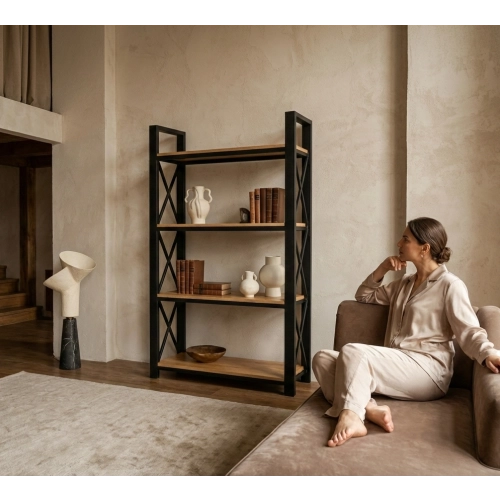 REGAŁ NA KSIĄŻKI METALOWY DREWNO LITE DĄB JESION OLCHA RNK-3