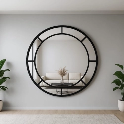 Lustro ICE LOFT SOLAR – okrągłe lustro loft ze szprosami czarne, duże industrialne do salonu, przedpokoju, jadalni