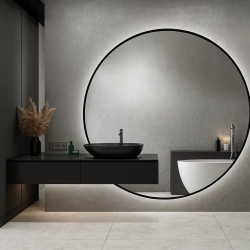 Lustro MIRAFIT – okrągłe lustro LED z wycięciem na szafkę | lustro na wymiar z podświetleniem | nowoczesne lustro łazienkowe w czarnej ramie MDF