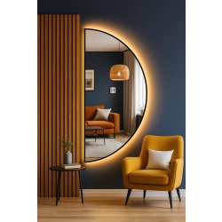 Lustro ECHO – nowoczesne lustro LED półokrągłe w czarnej ramie MDF | lustro dekoracyjne z podświetleniem | designerskie lustro ścienne do salonu, sypi