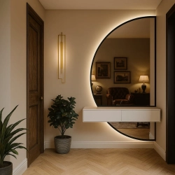 Lustro LOVERS DUO – dekoracyjne lustro półokrągłe w dwóch częściach do sypialni, łazienki i przedpokoju w ramie z podświetleniem  LED