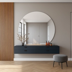 Lustro AMOUR – nowoczesne okrągłe lustro łazienkowe ze ściętym bokiem | styl minimalistyczny